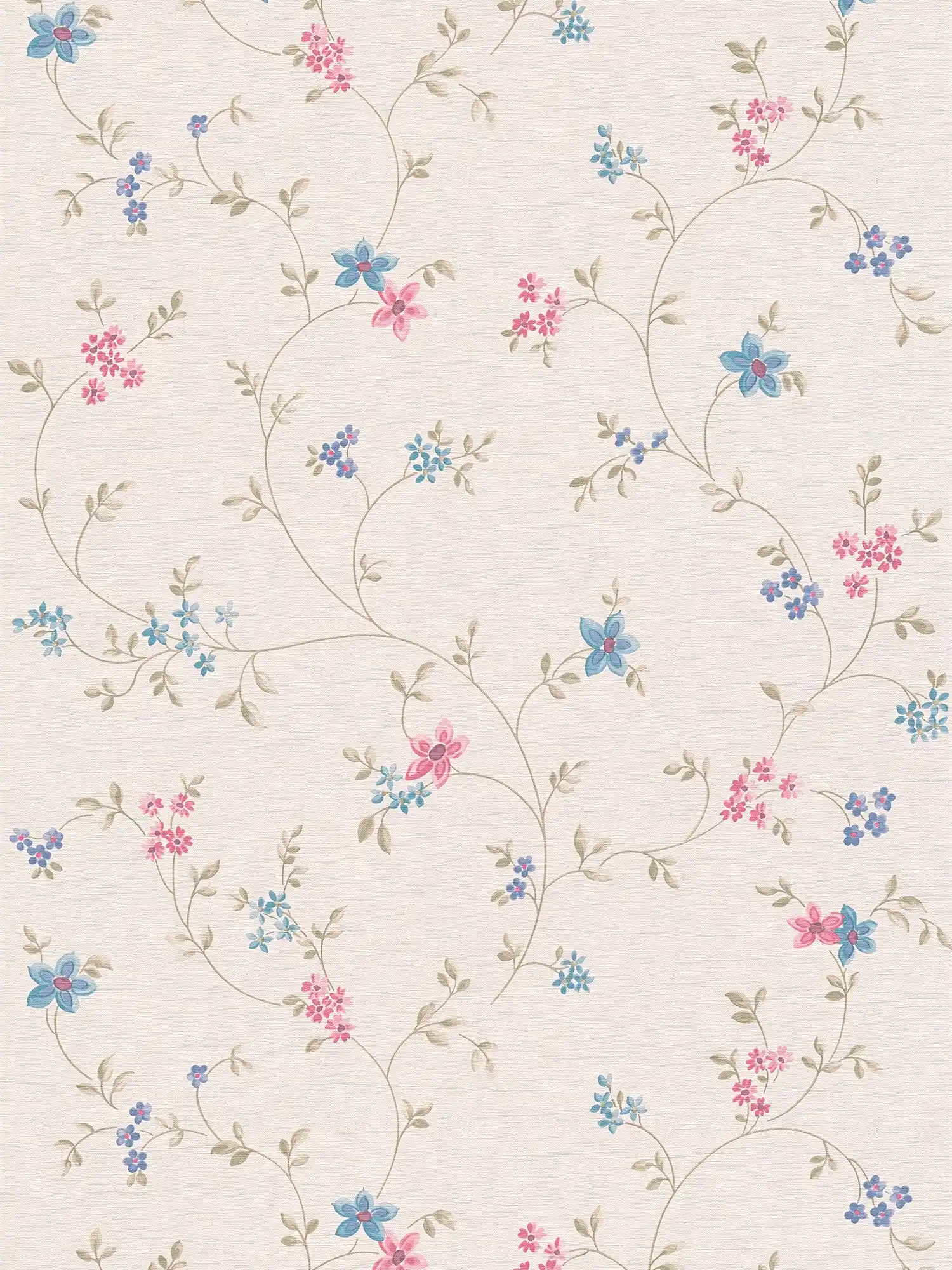 Non-woven wallpaper with floral tendrils - cream, green, pink
