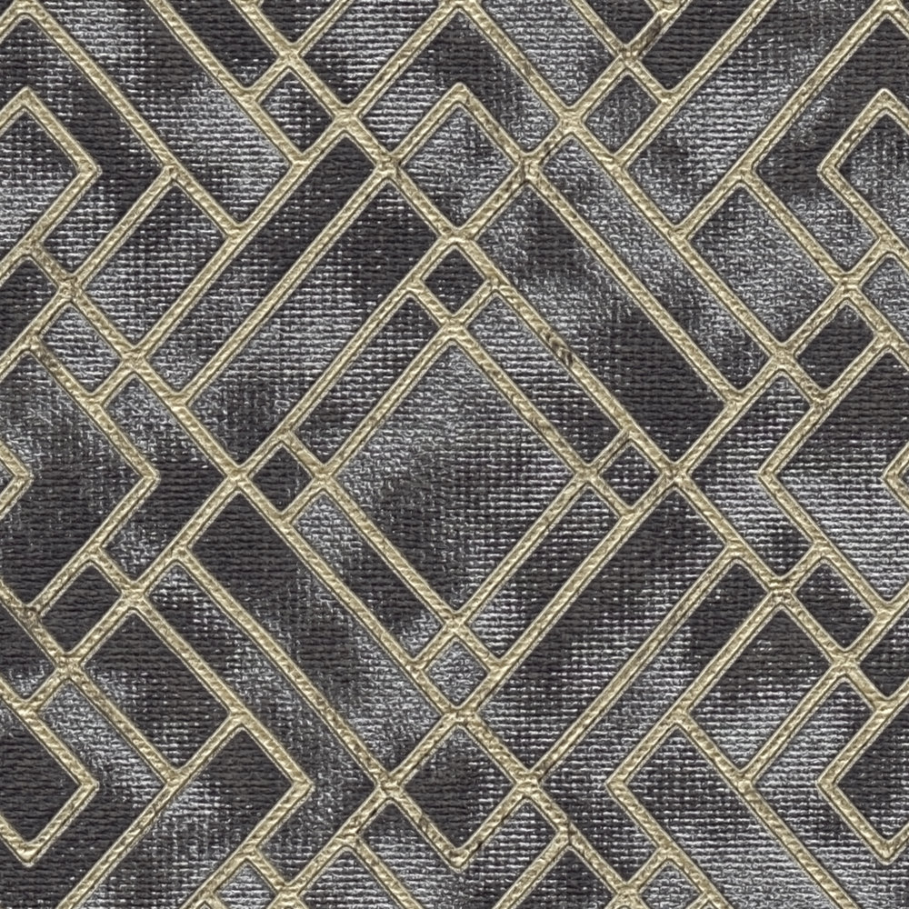            Behang Art Deco Patroon en Glans Effect - Zwart, Metallic
        