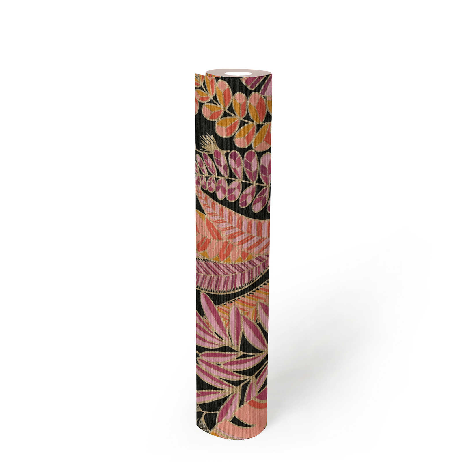             Non-woven wallpaper in eye-catching style with large leaves - black, pink, orange
        