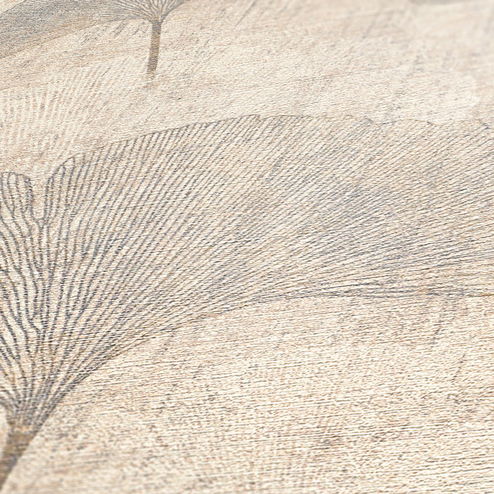             papel pintado hojas de ginko efecto metálico, aspecto de lino- beige, plata, marrón
        