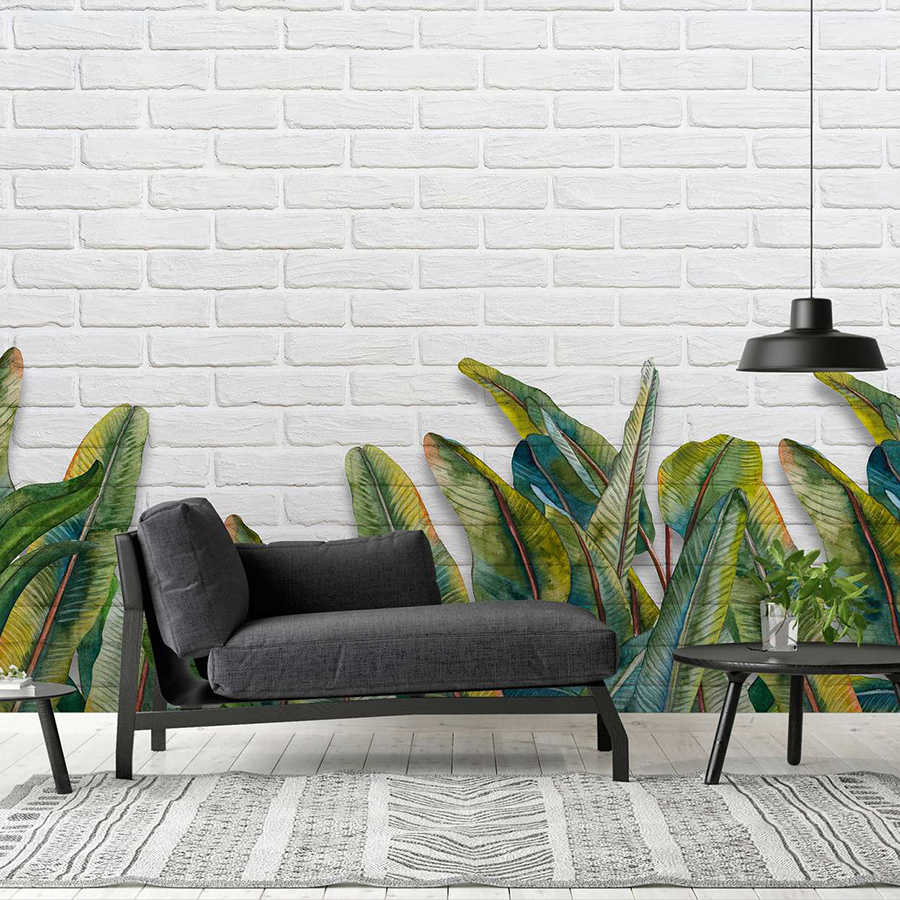 Digital behang met bladeren voor een witte bakstenen muur - Groen, Wit
