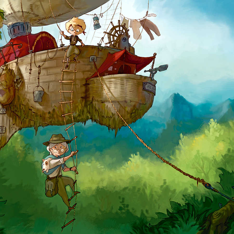 Kindermuurschildering Avonturier met vliegend schip op parelmoer glad vlies
