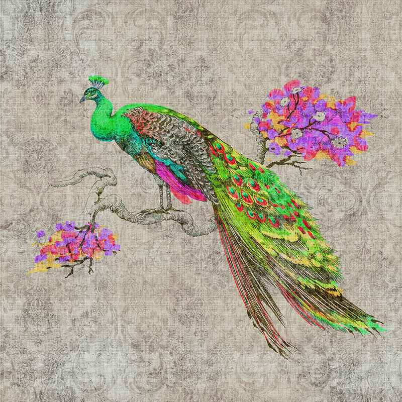 Peacock 1 - Carta da parati a struttura naturale in lino con pavone in colori neon - Verde, Rosa | Materiali non tessuto a struttura
