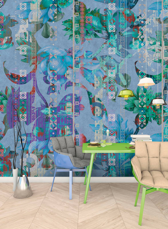             Photo wallpaper birds and plants pattern - Blue, Green
        