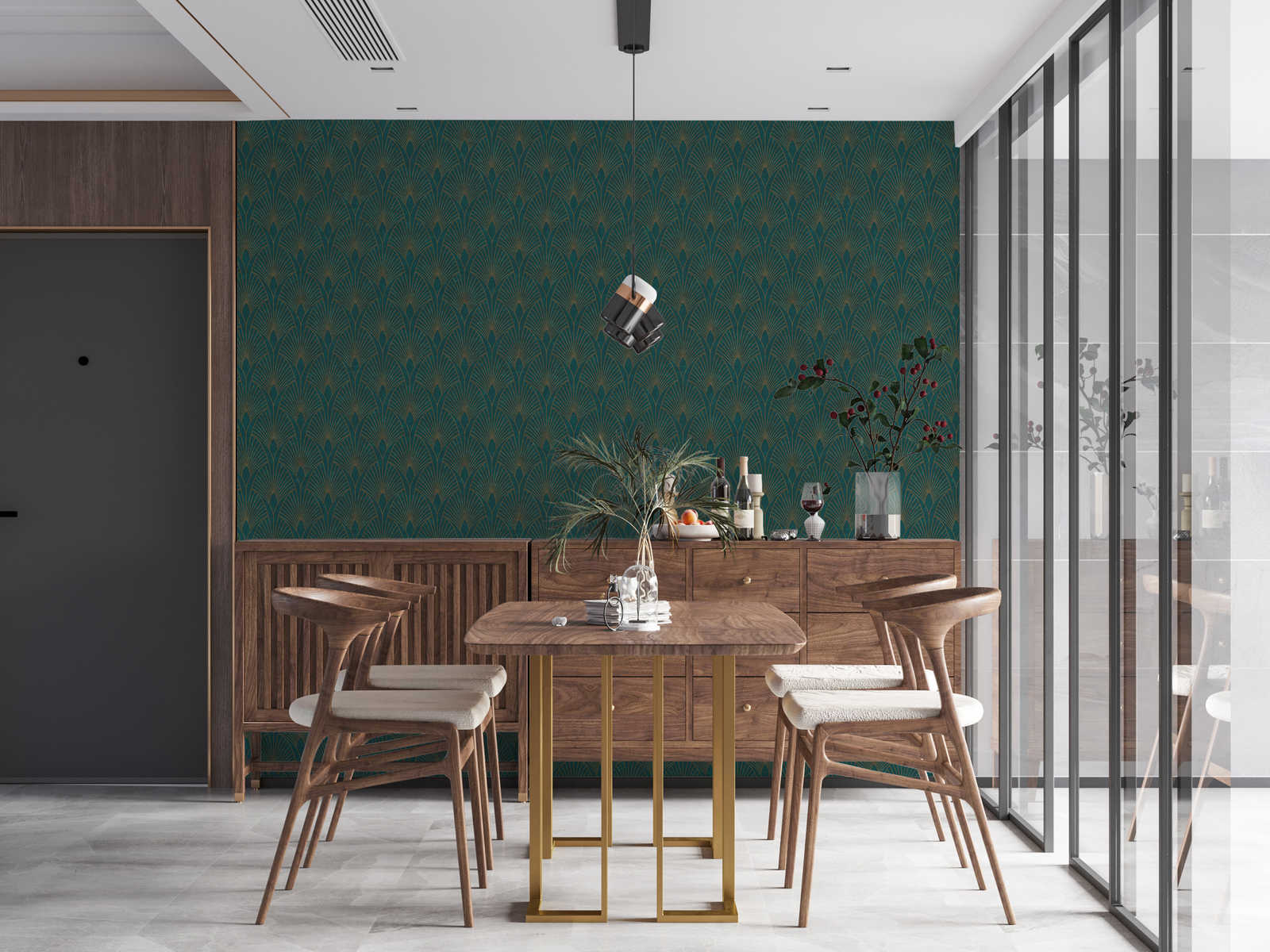             Self-adhesive wallpaper | Art Deco Design with Metallic Effect - Green, Metallic
        