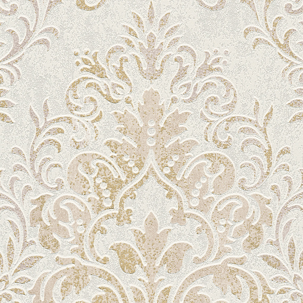             Ornamenti in carta da parati in tessuto non tessuto con accenti dorati e aspetto usato - beige, marrone, metallizzato
        
