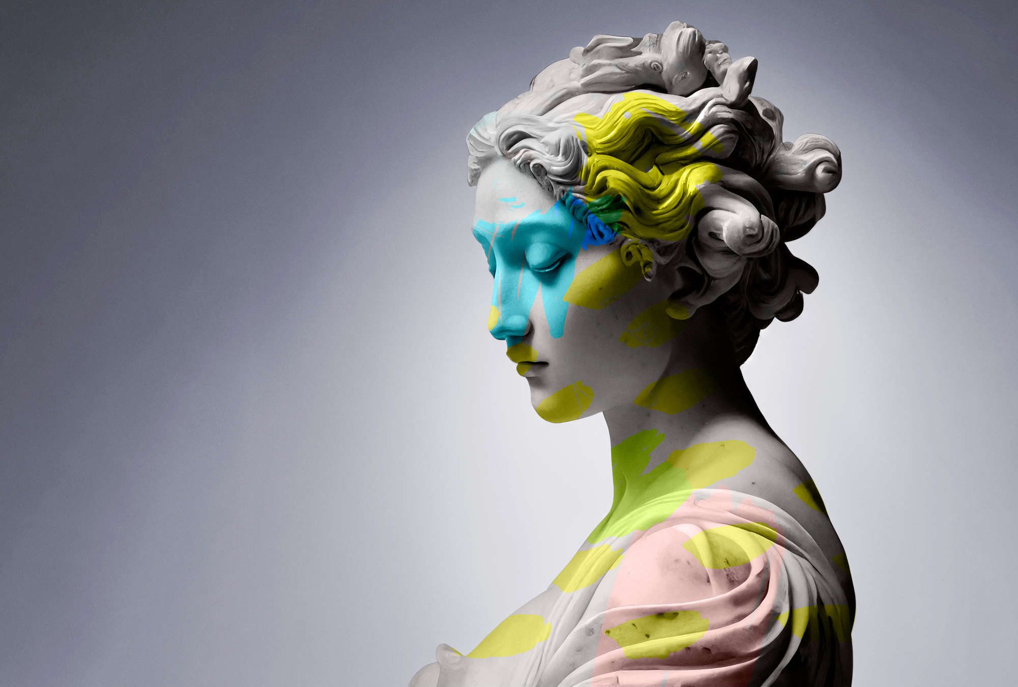             Photo wallpaper »clio« - female sculpture with colourful accents - Smooth, slightly shiny premium non-woven fabric
        