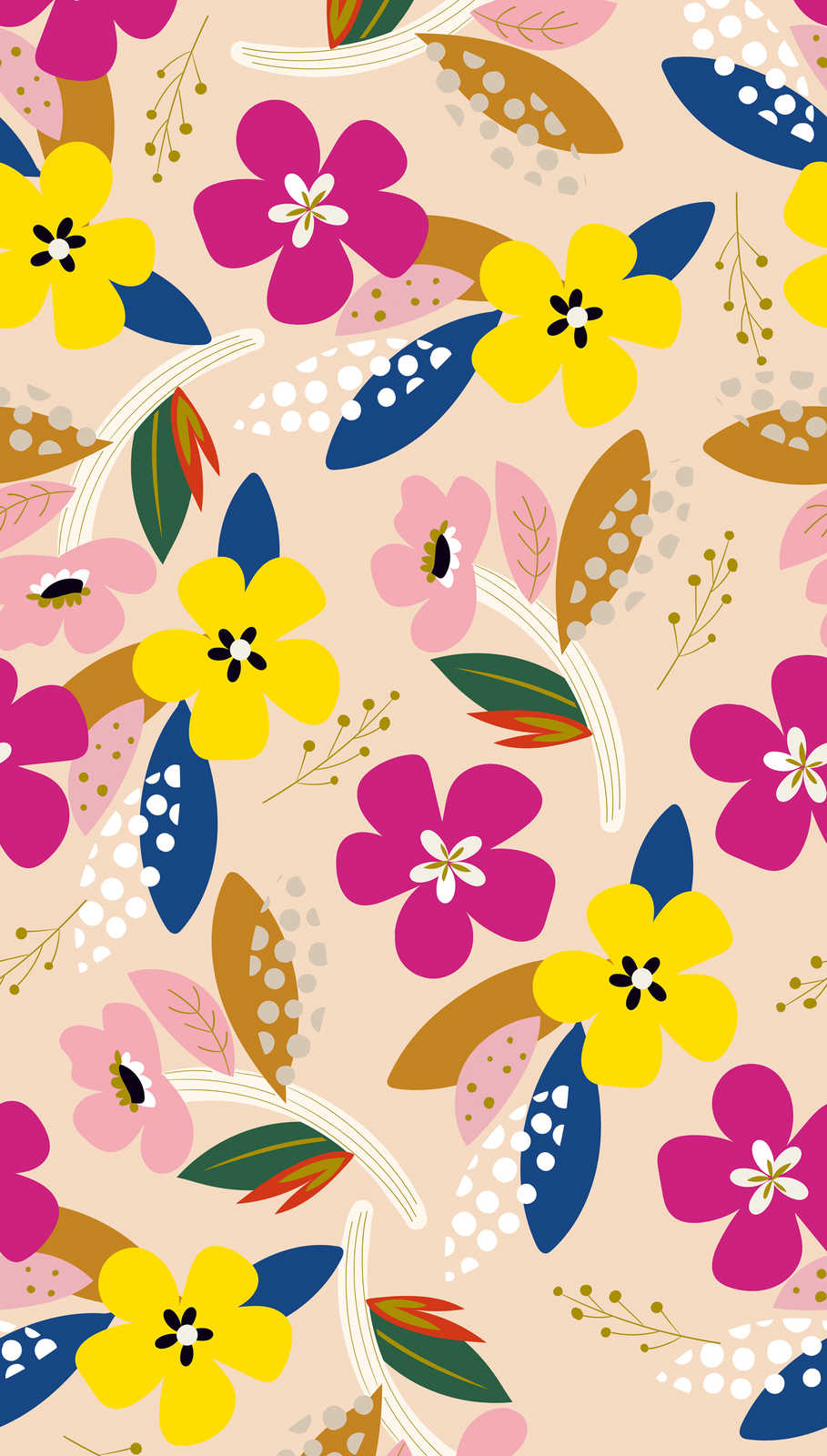             Papier peint aux motifs floraux multicolores dans des couleurs vives - multicolore, beige, jaune
        