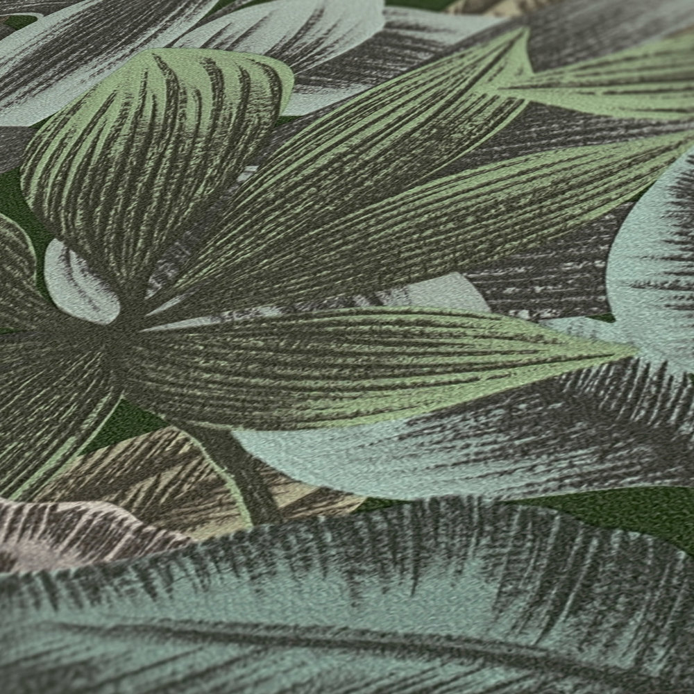             Carta da parati con motivo a foglie dall'aspetto tropicale - verde, blu, grigio
        