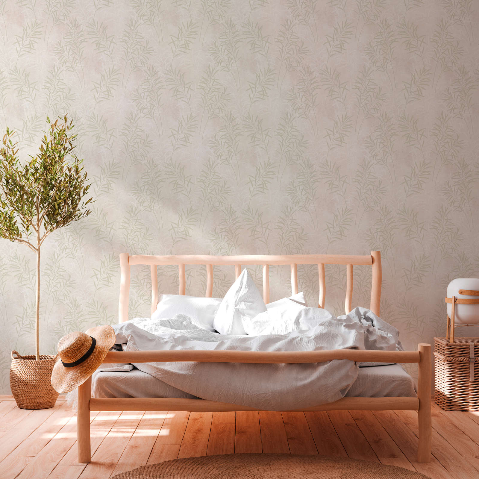             Scandinavian style non-woven wallpaper with floral grasses - cream, green, metallic
        