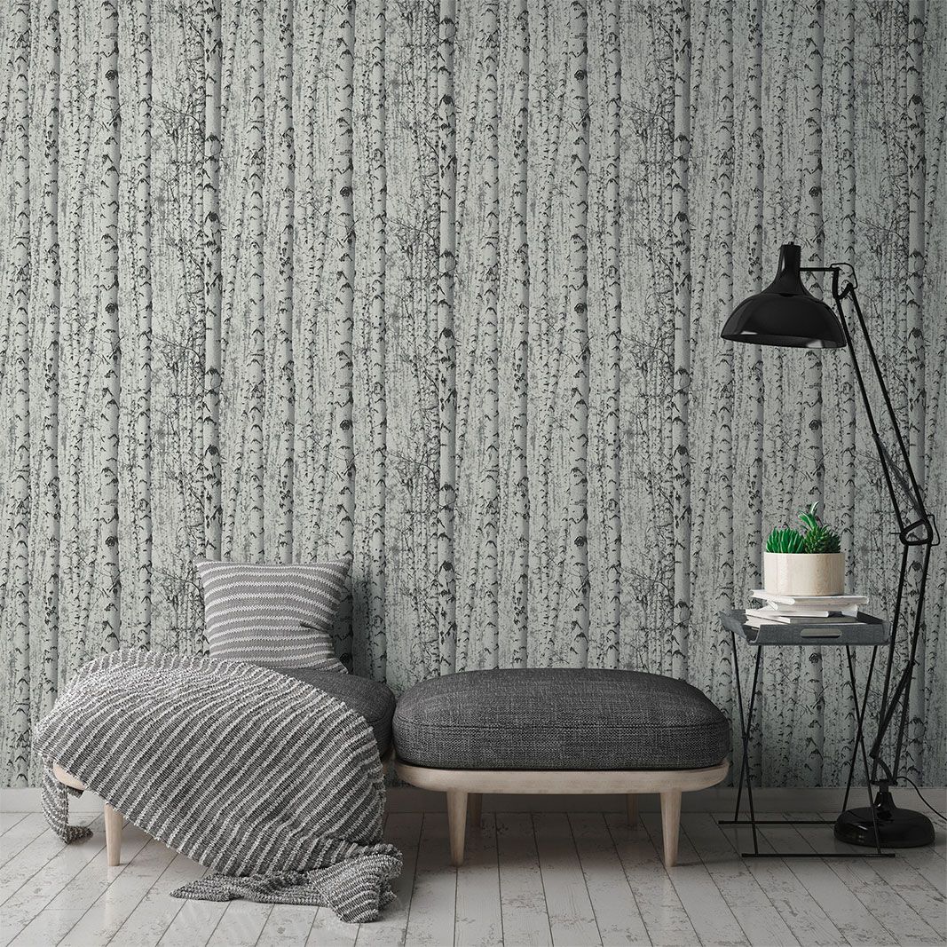 Birch forest wallpaper wood-effect white