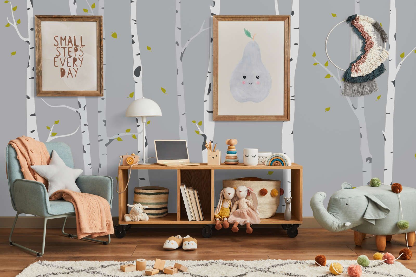             Digital behang met geschilderd berkenbos voor kinderkamer - Glad & parelmoervlies
        