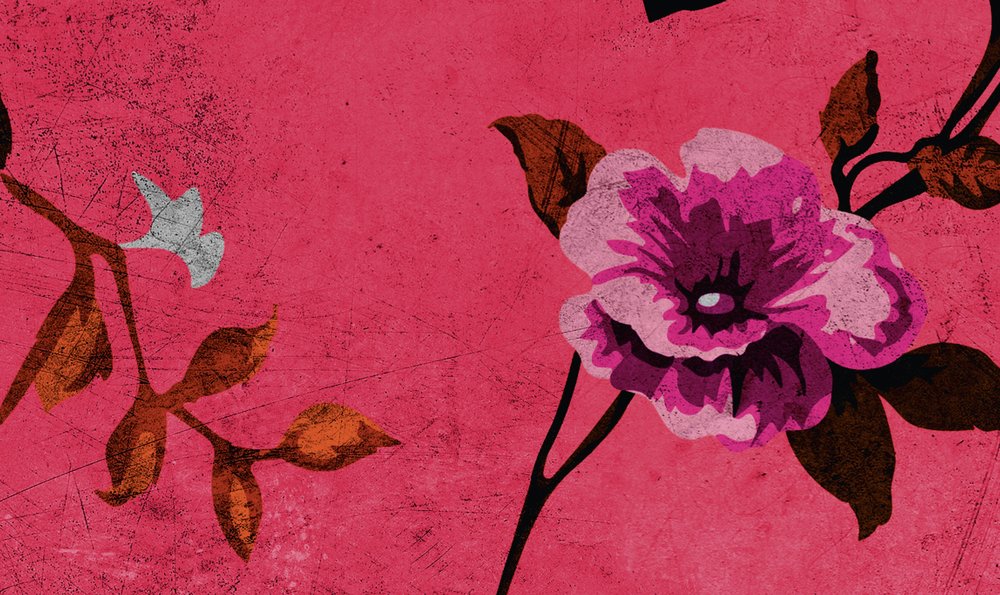             Wild roses 3 - Papier peint rose rétro - structure rayée - rose, rouge | Premium intissé lisse
        