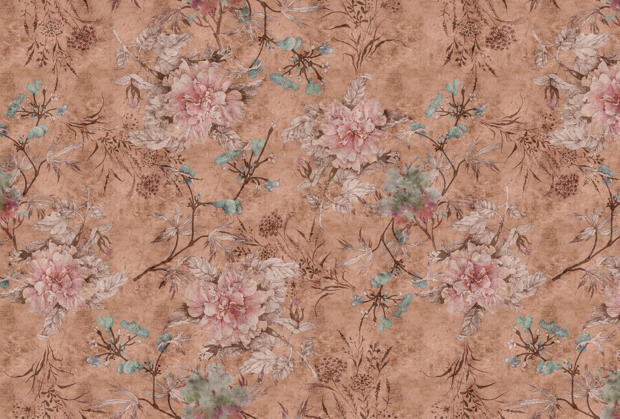             Tenderblossom 3 - Vintage style floral pattern digital print wallpaper - Pink, Red | Pearl smooth non-woven
        