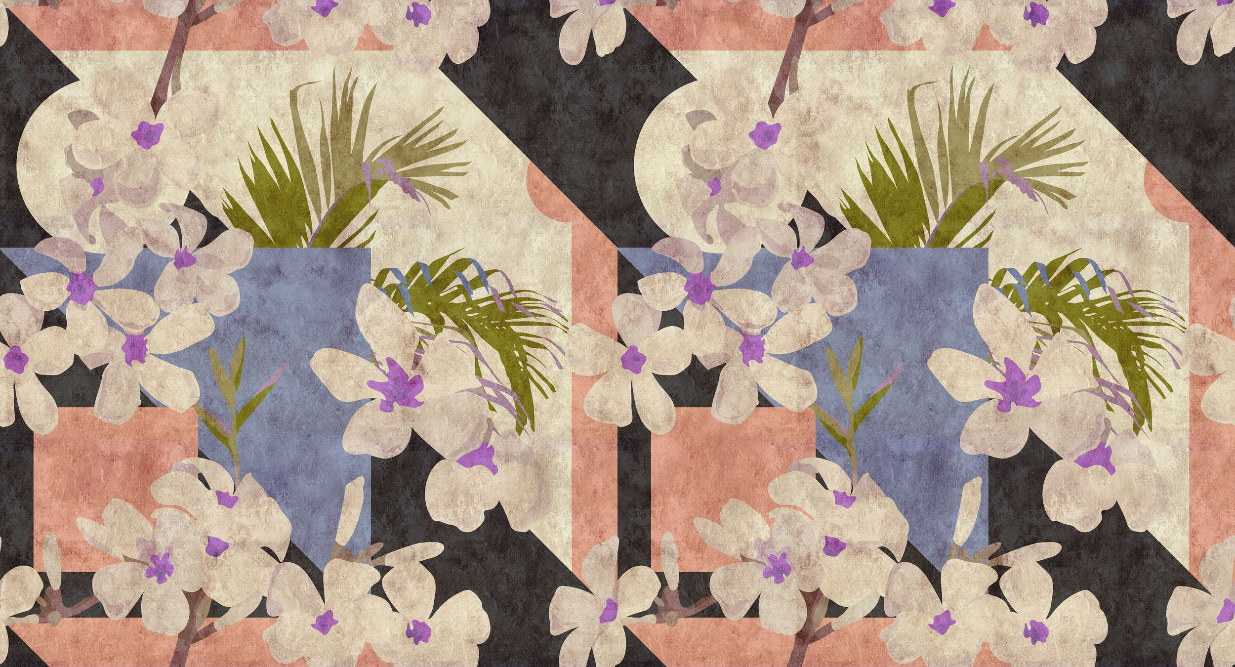             Vintage bloom2 - Vintage digitaal print behang, vloeipapier structuur met bloemenpatroon - Beige, Blauw | Premium glad vlies
        