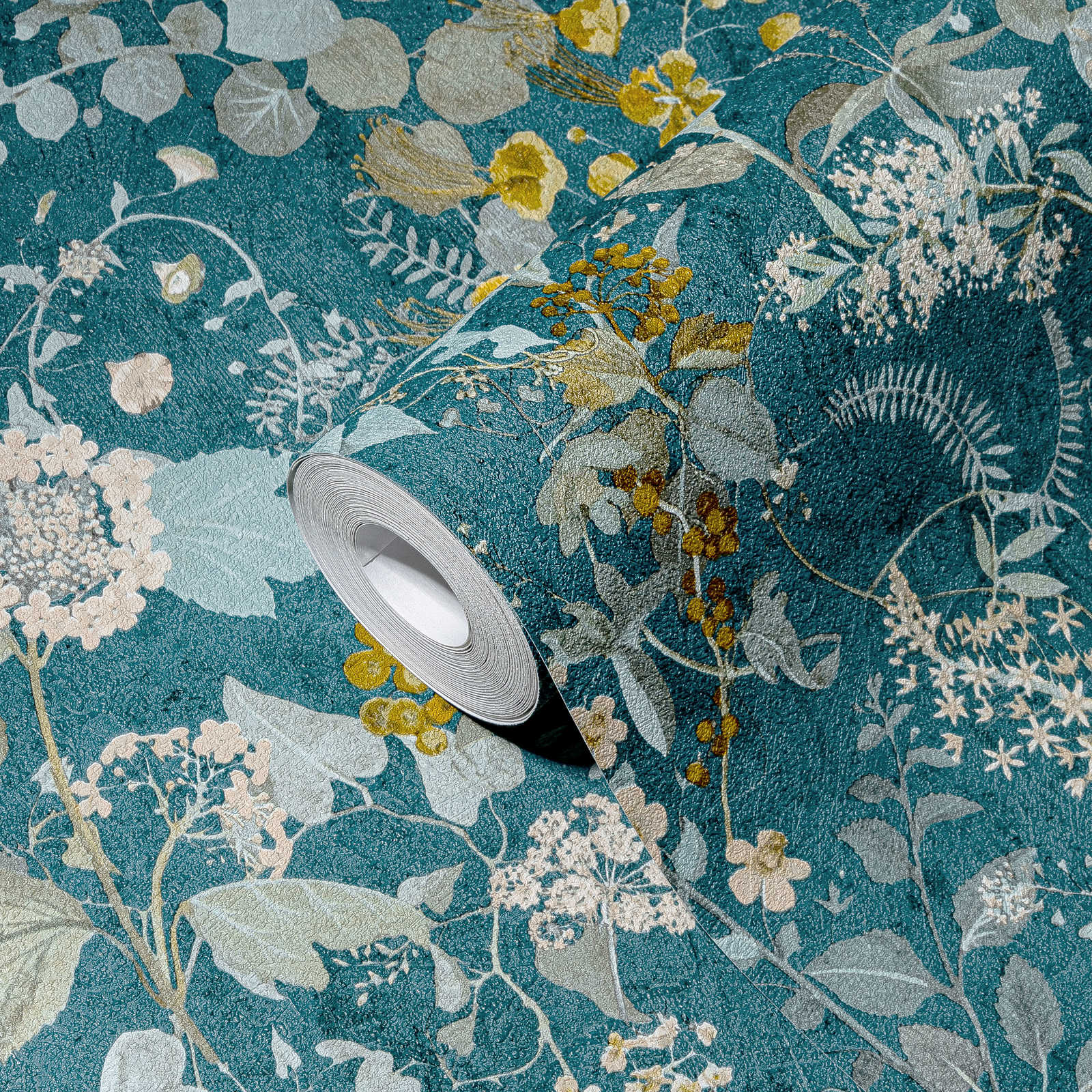             Floral wallpaper petrol with floral pattern - green, yellow
        