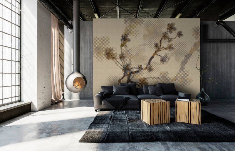             Twigs 2 - Onderlaag behang in natuurlijke linnenstructuur met takjesmotief & pixeldessin - Beige | Premium glad vlies
        