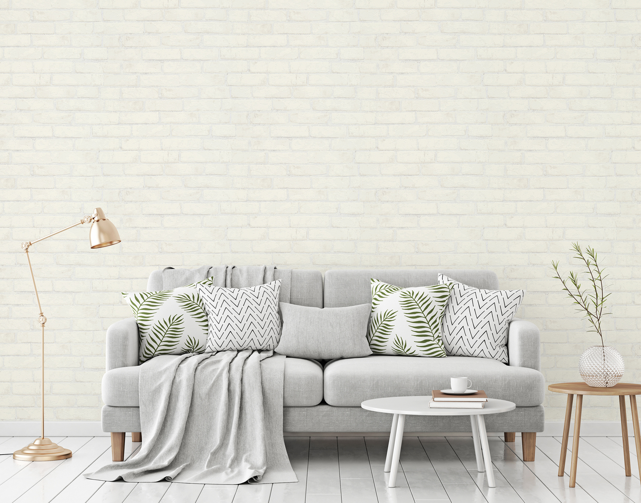 Bright living room with stone optics wallpaper with white bricks, article AS907851