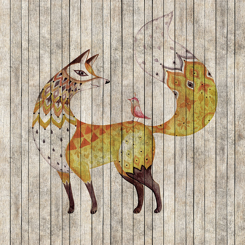 Fairy tale 2 - Fox and Bird on Wood Optic Wallpaper - Beige, Brown | Textured non-woven
