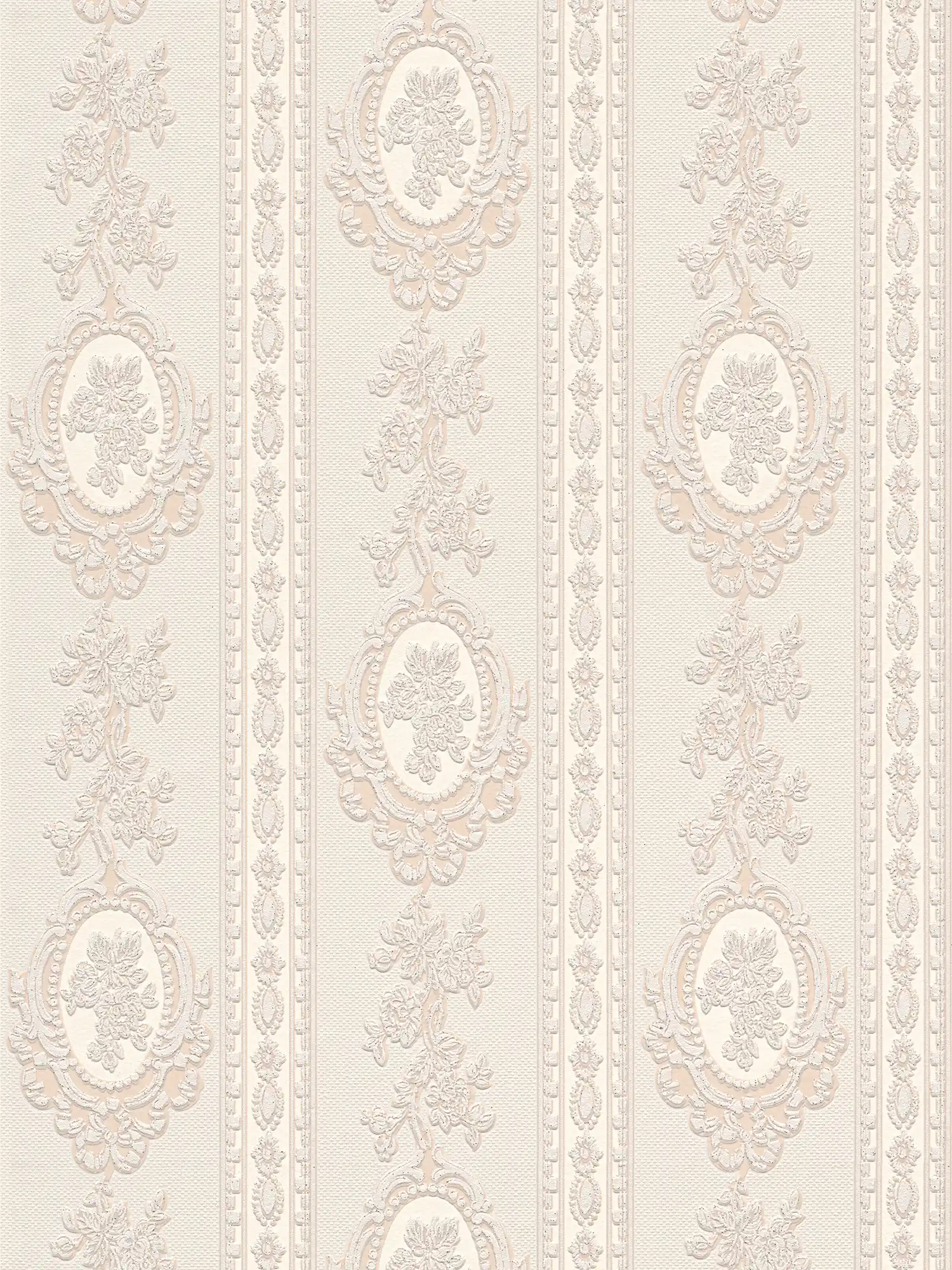 Ornamental wallpaper floral elements, stripes and flowers - beige, cream, silver
