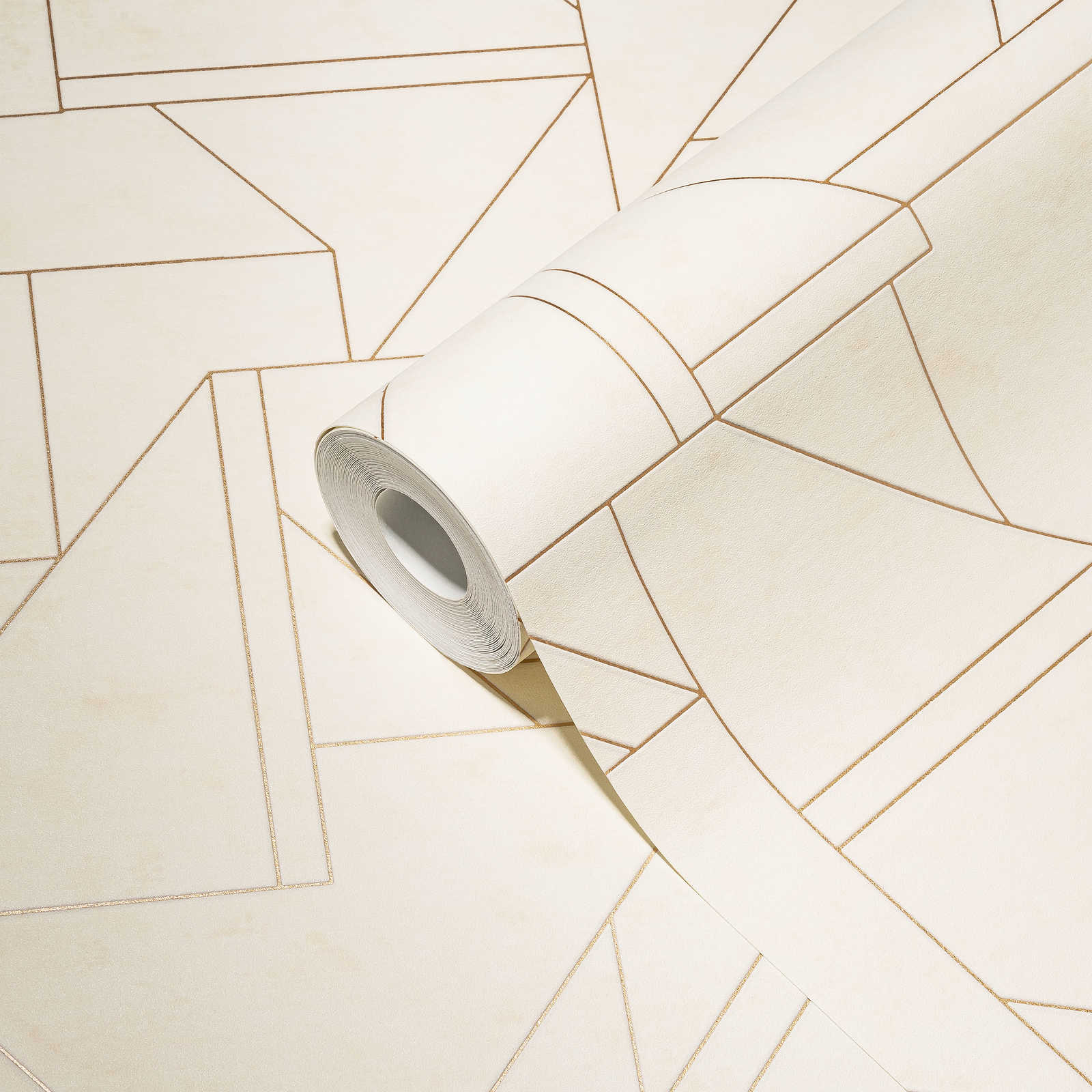             Graphic wallpaper with modern line pattern - white, cream, bronze
        