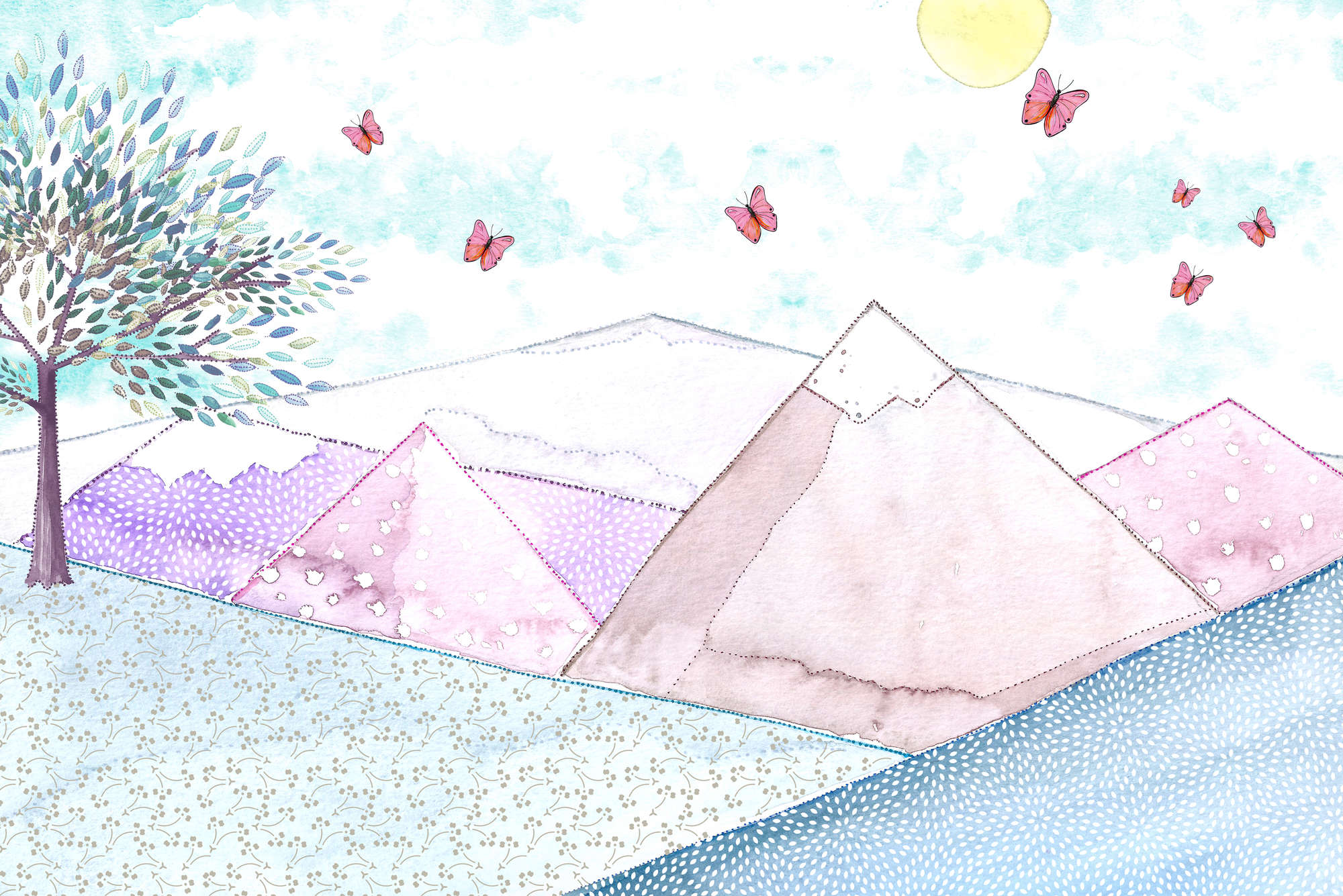             Papel pintado infantil Dibujo de un paisaje de montaña sobre vellón liso de primera calidad
        