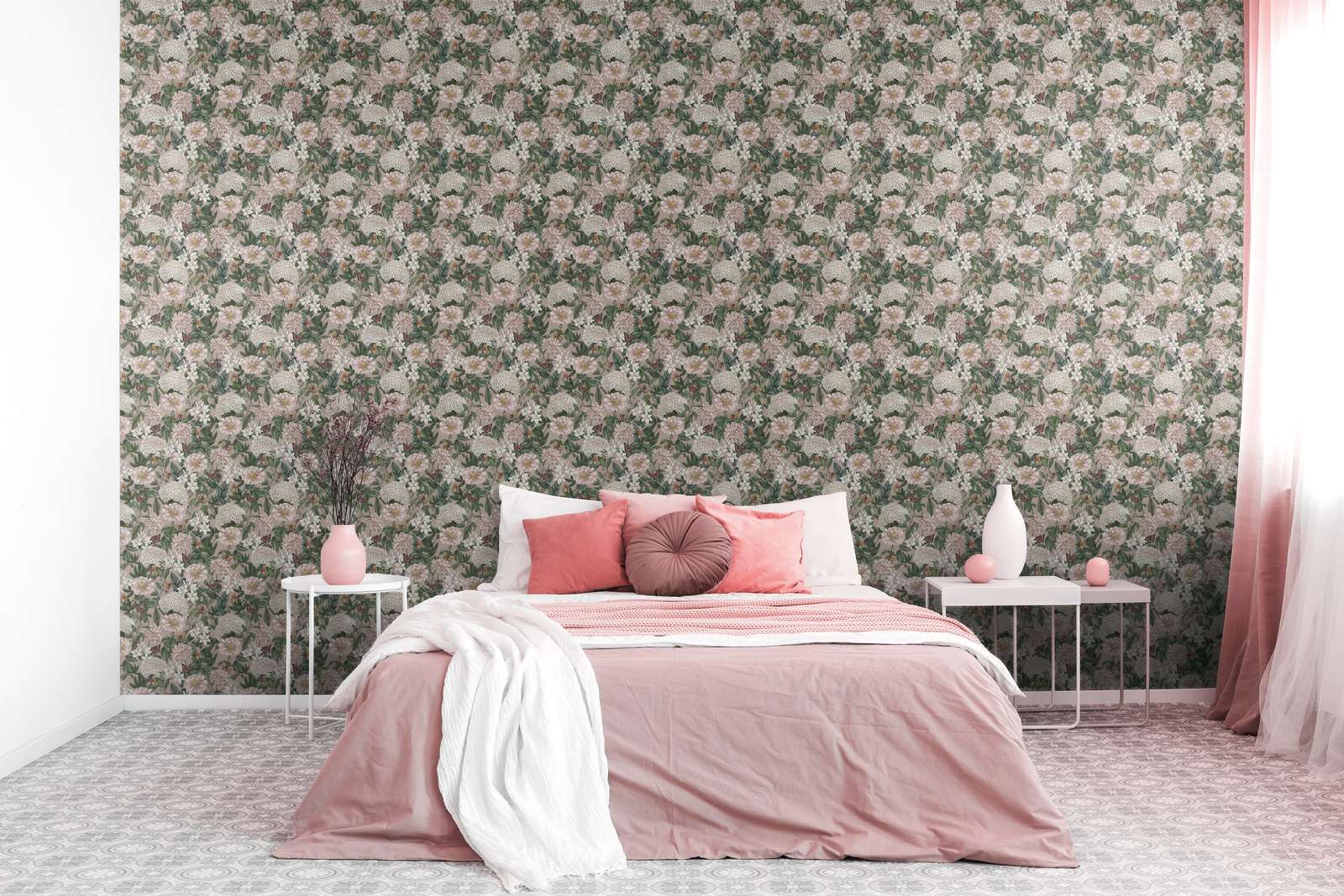             Floral wallpaper modern with animals & flowers textured matt - pink, green, white
        