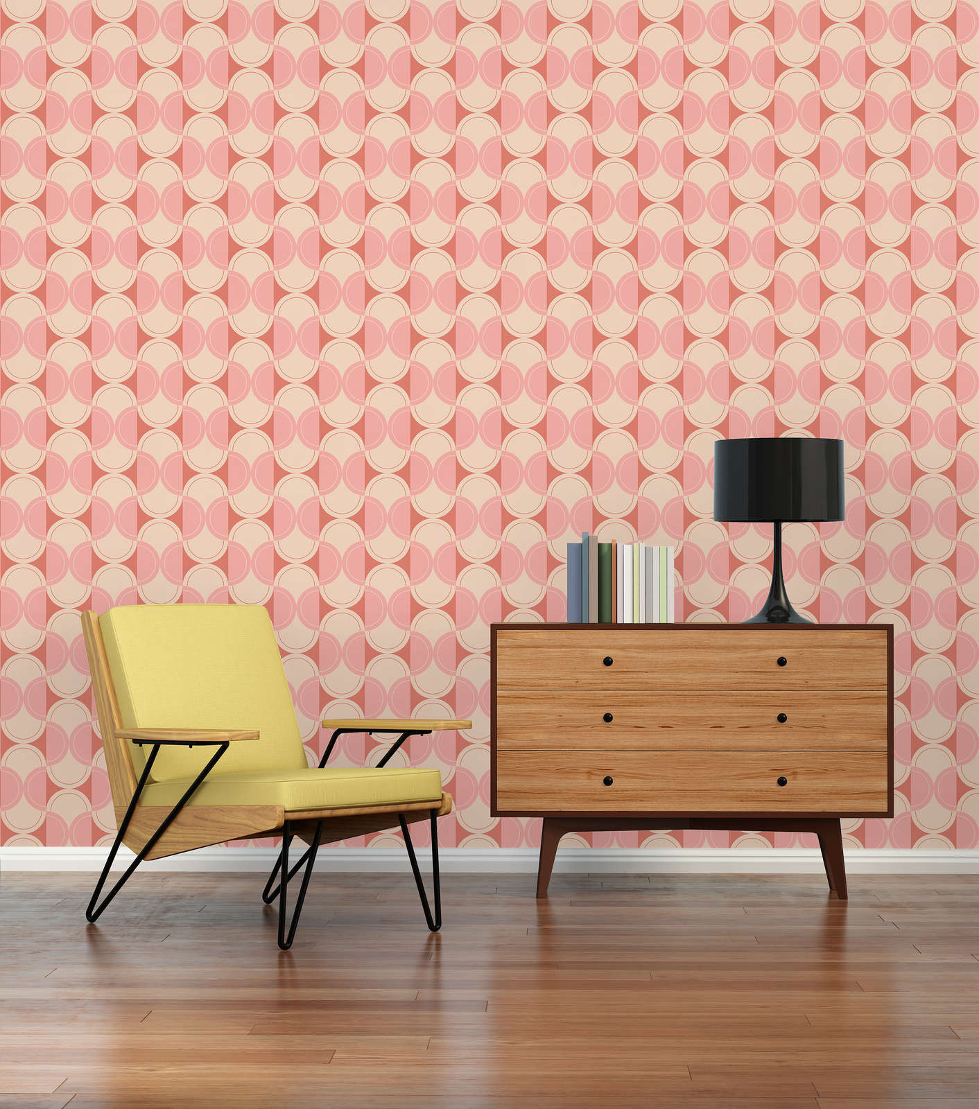             Retro non-woven wallpaper with half circle pattern - beige, pink, red
        