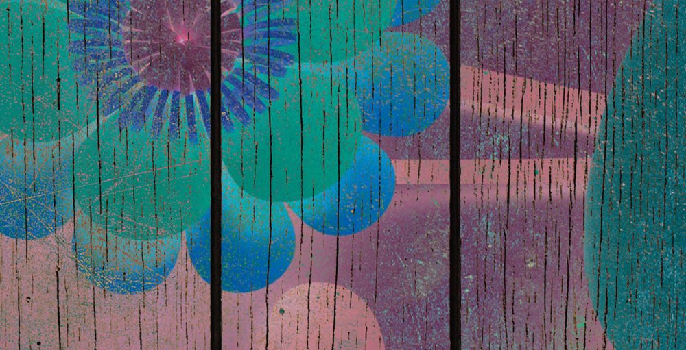             Spray bouquet 1 - Papier peint avec des fleurs sur un mur de planches - panneaux de bois large - bleu, vert | Intissé lisse mat
        