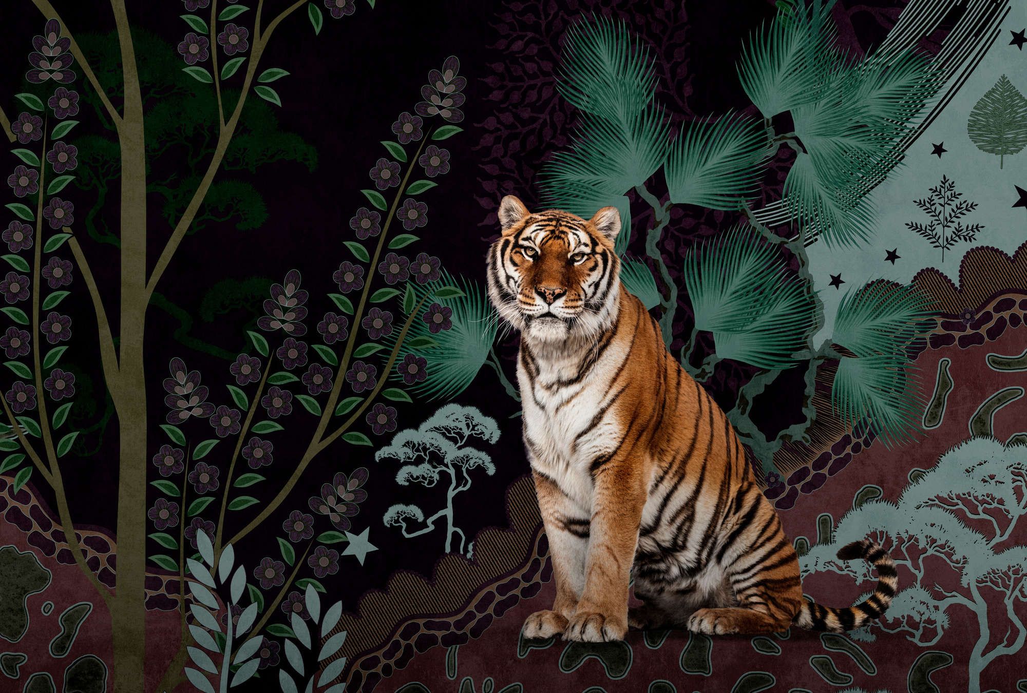             Photo wallpaper »khan« - Abstract jungle motif with tiger - Smooth, slightly pearlescent non-woven fabric
        