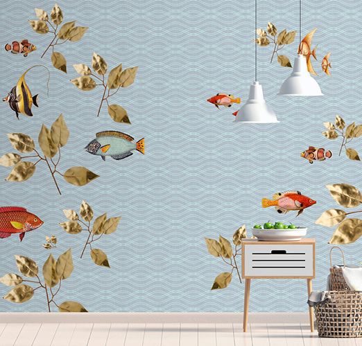 Scandinavian living room with underwater collage style photo wallpaper DD114337