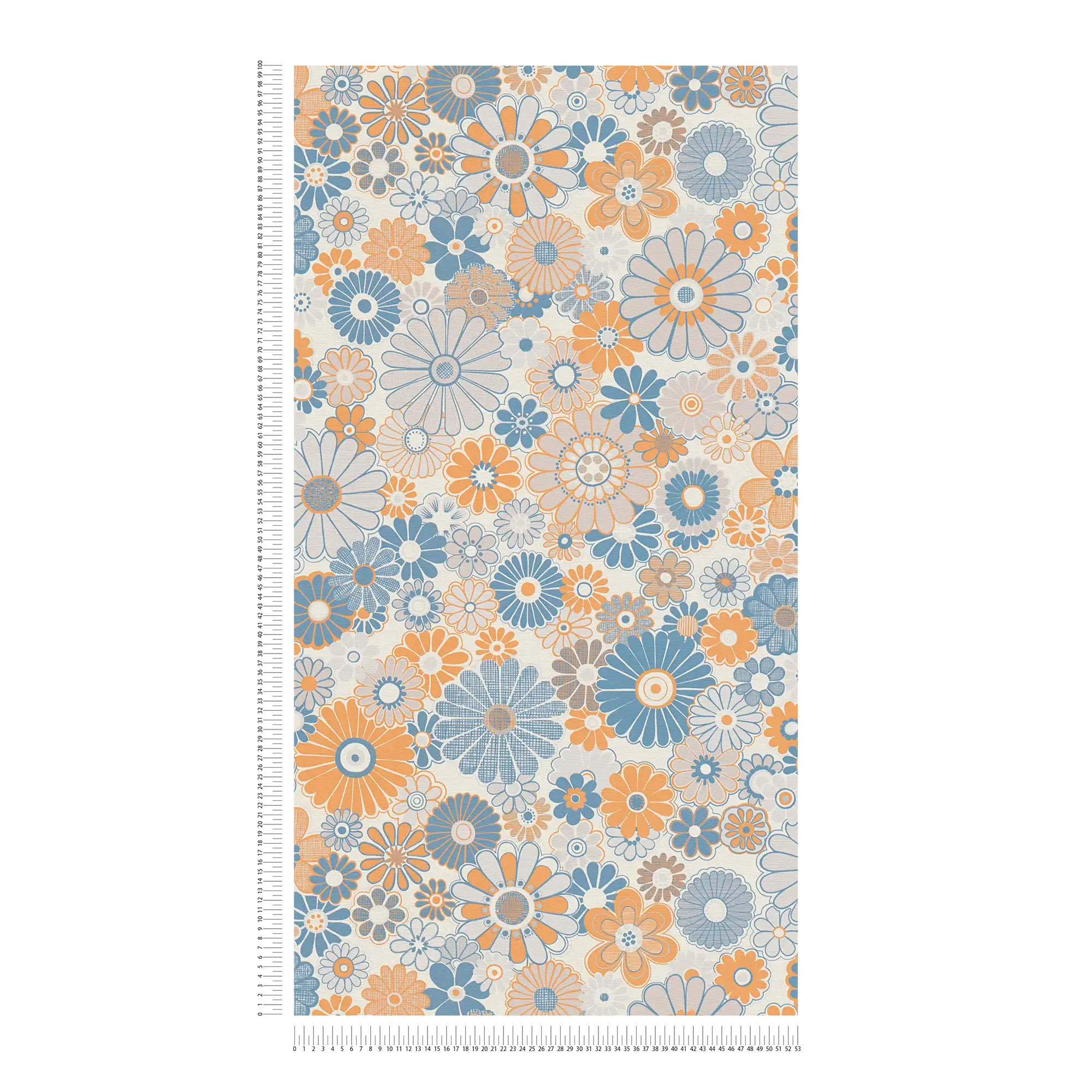             Papel pintado no tejido con motivos florales en estilo retro - azul, naranja, gris
        