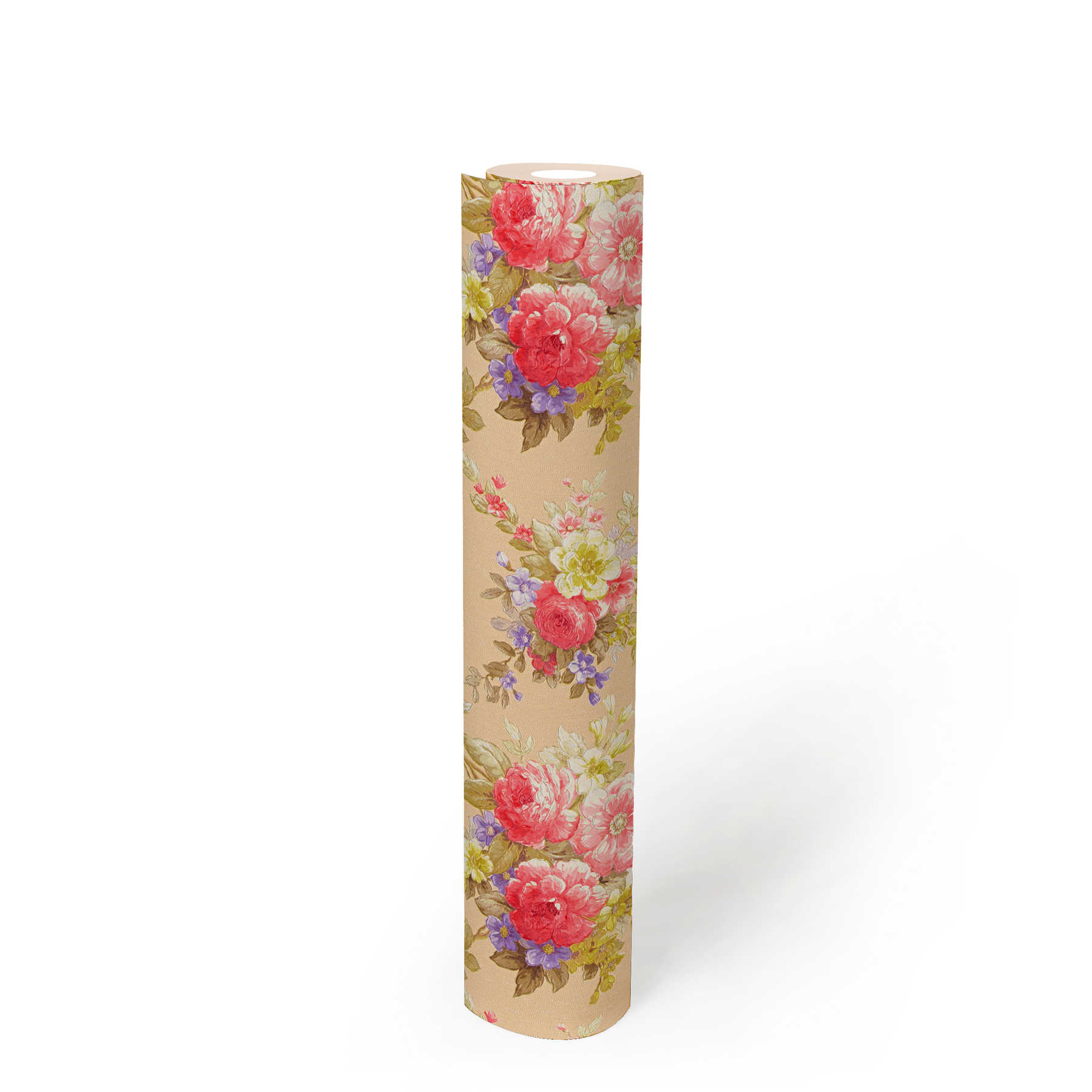            Papier peint ornements roses motif bouquet floral - multicolore, métallique
        