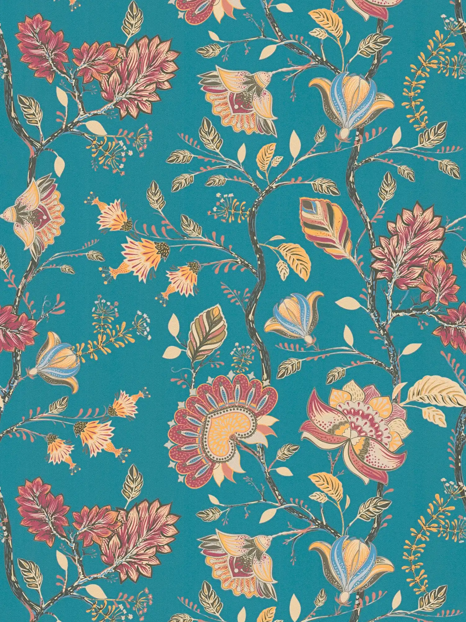 Non-woven wallpaper with floral colourful pattern - blue, yellow, red
