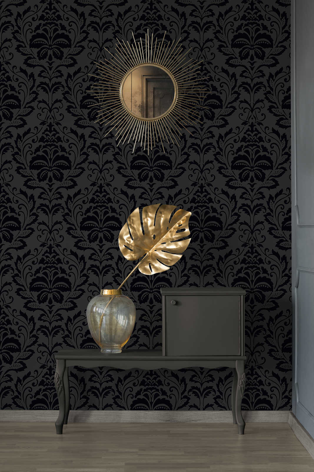             Papier peint ornemental design floral, contraste mat/brillant - noir
        