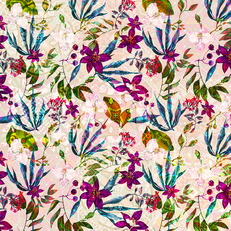 Papier peint fleuri avec design Mosiak - crème, violet
