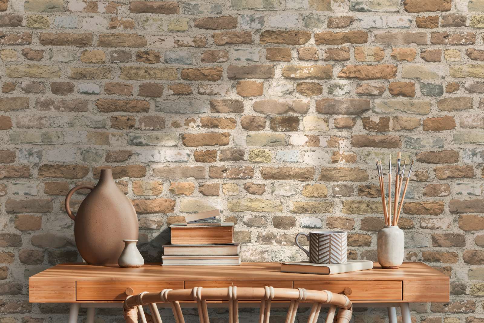             Brown stone wallpaper with brick wall look - brown, grey
        