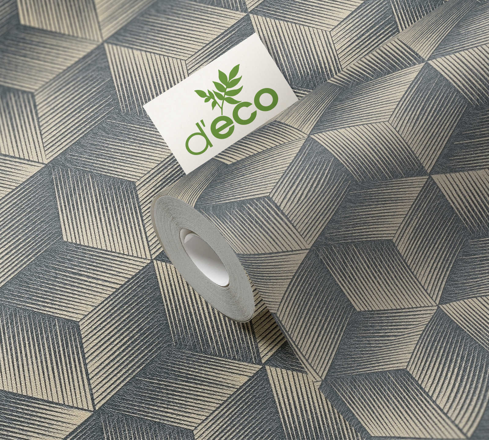             Non-woven wallpaper with cube pattern 3D-optics PVC-free - blue, beige
        