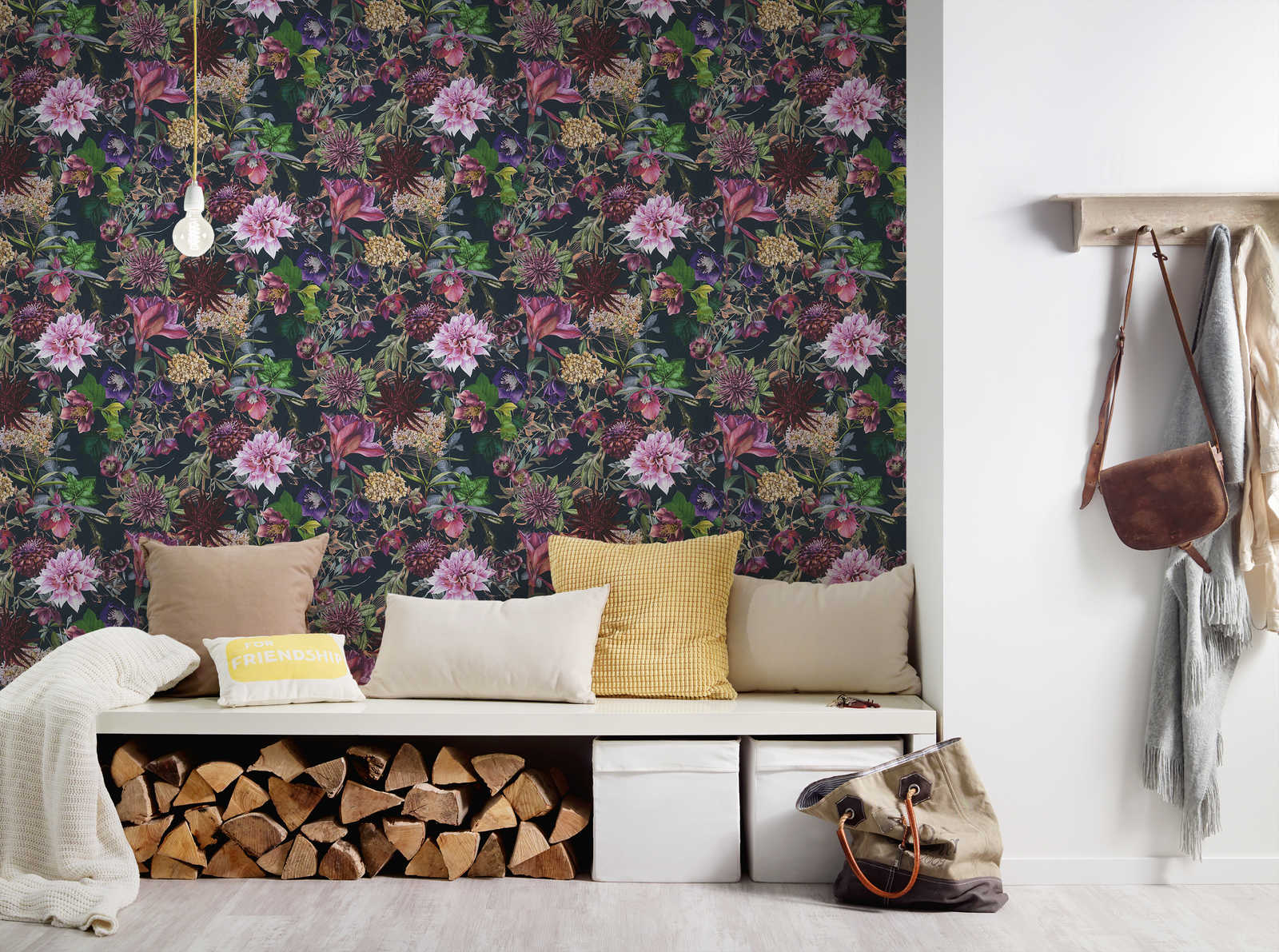             Black wallpaper with colourful flowers - pink, black
        