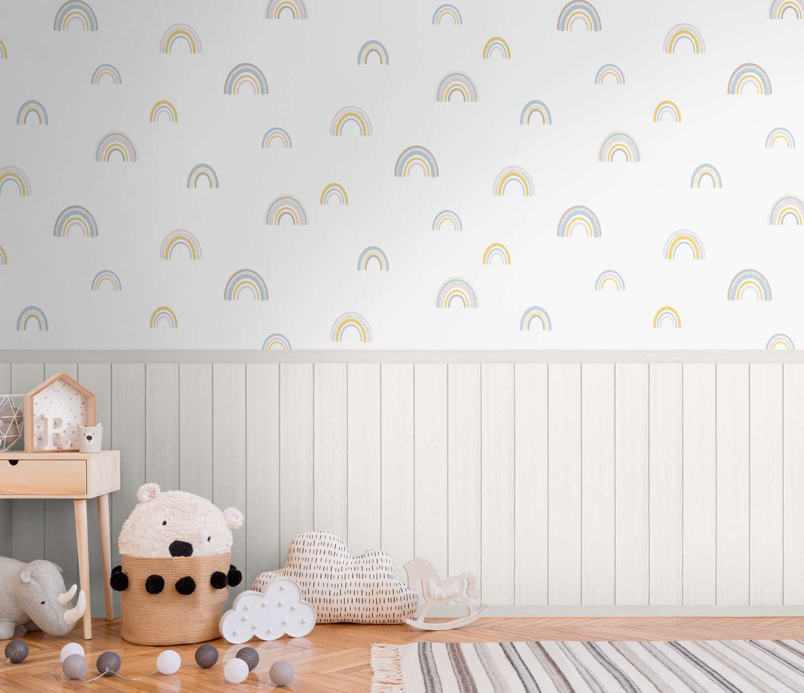            Non-woven motif wallpaper with wood-effect plinth border and rainbow pattern - white, grey, colourful
        