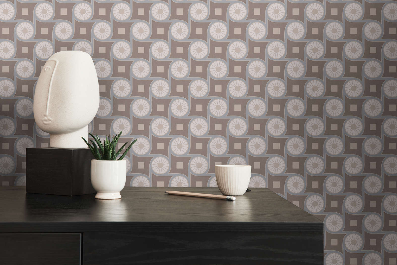             Non-woven wallpaper with retro pattern square & circle - grey, blue, white
        