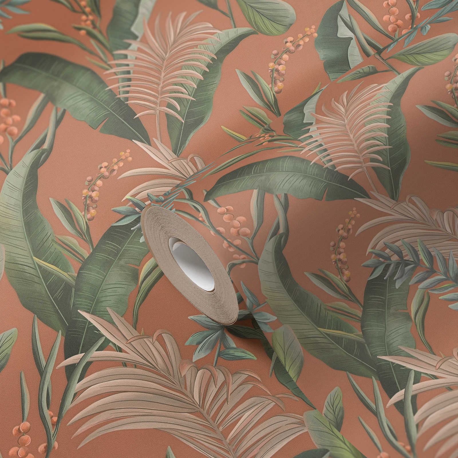             Floral jungle wallpaper with leaves matt textured - orange, red, green
        
