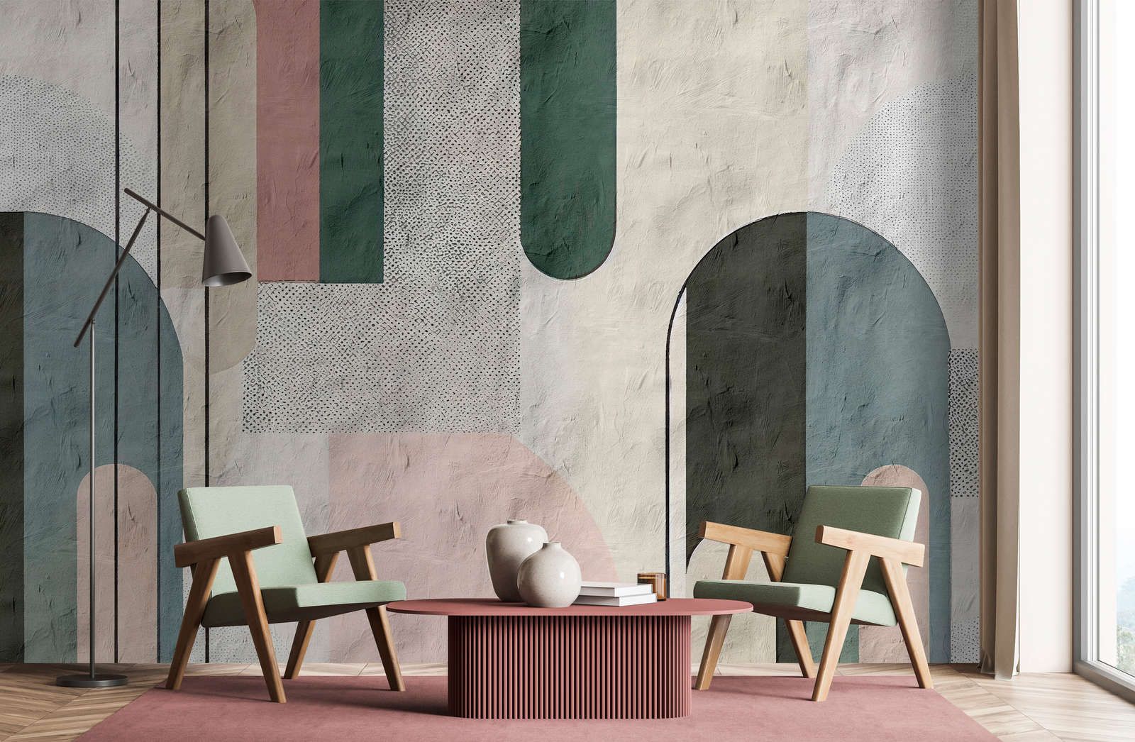             Photo wallpaper »bogeta« - Graphic pattern with round arches - Used style with clay plaster texture | Smooth, slightly shiny premium non-woven fabric
        