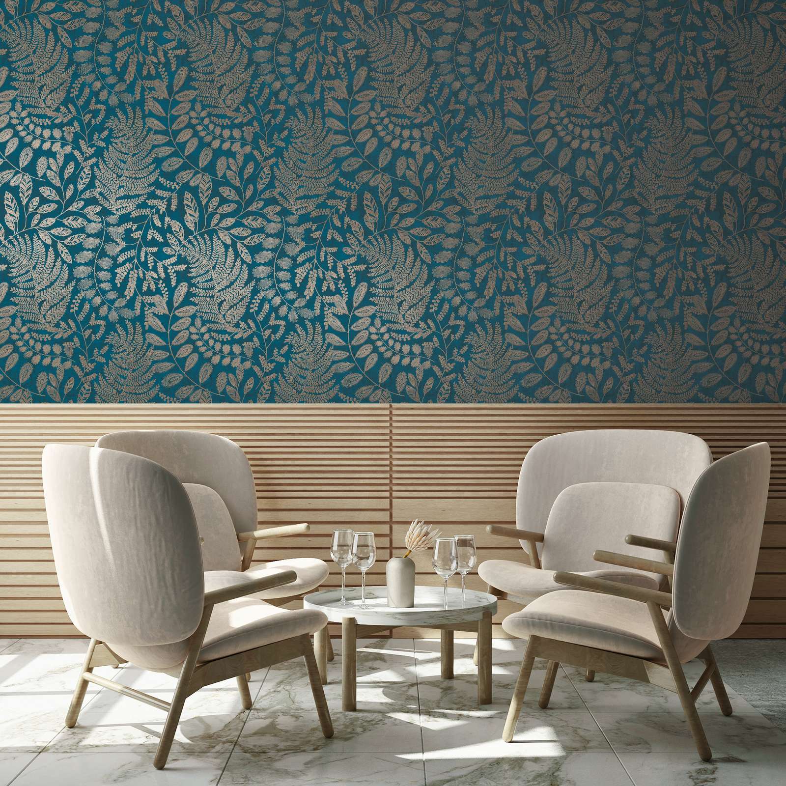             Blue wallpaper with gold design in boho style
        