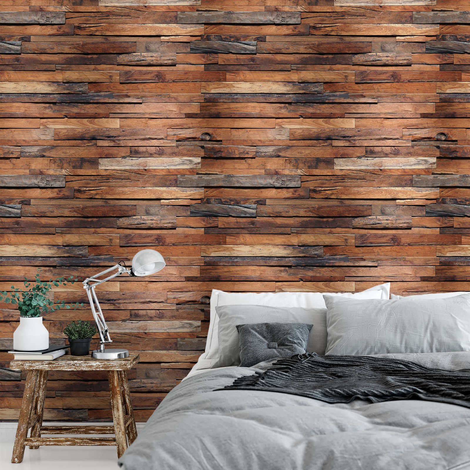             Mural de pared con aspecto de madera rústica, patrón de parquet 3D - Marrón
        