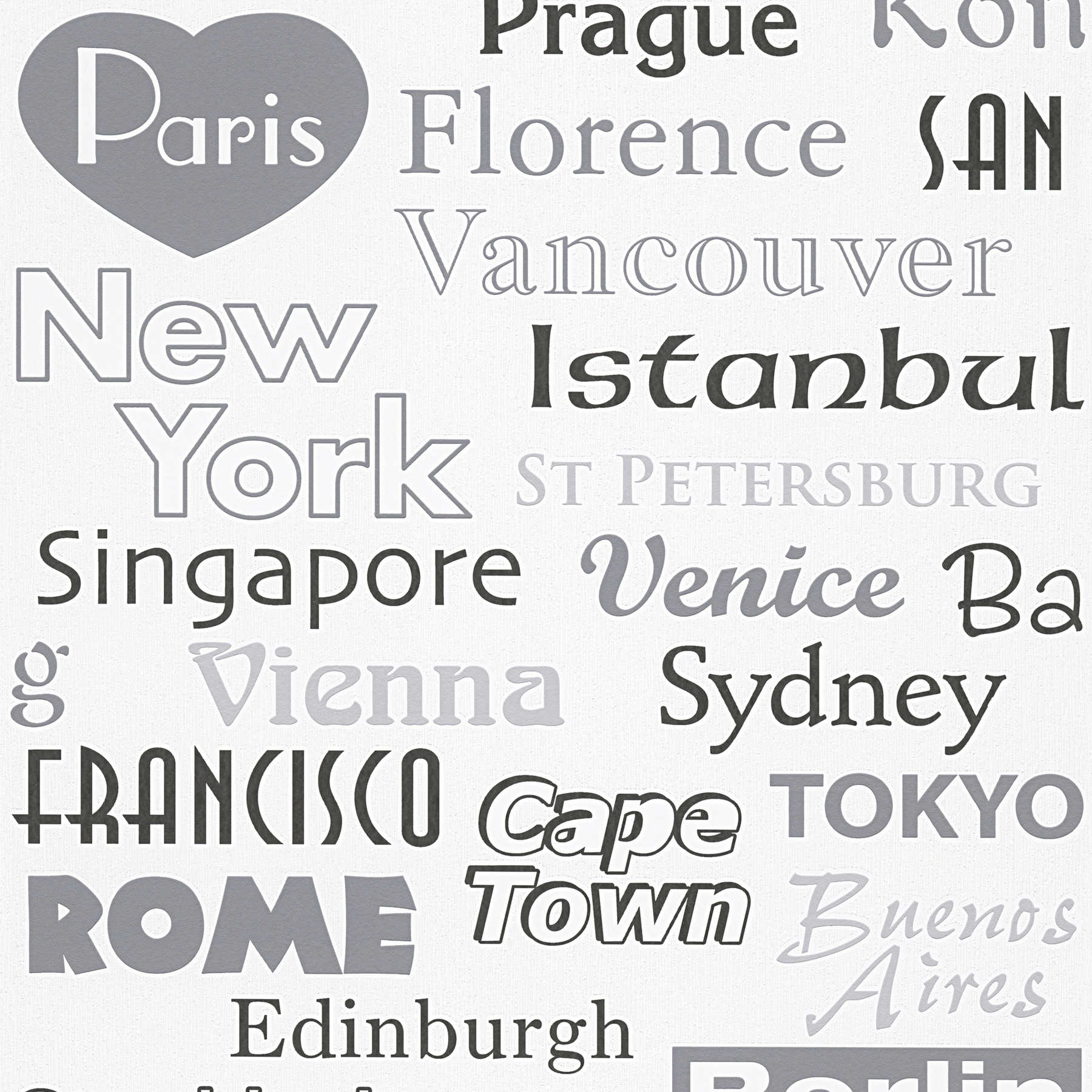 Non-woven wallpaper cities, typography & destinations- grey, brown, white
