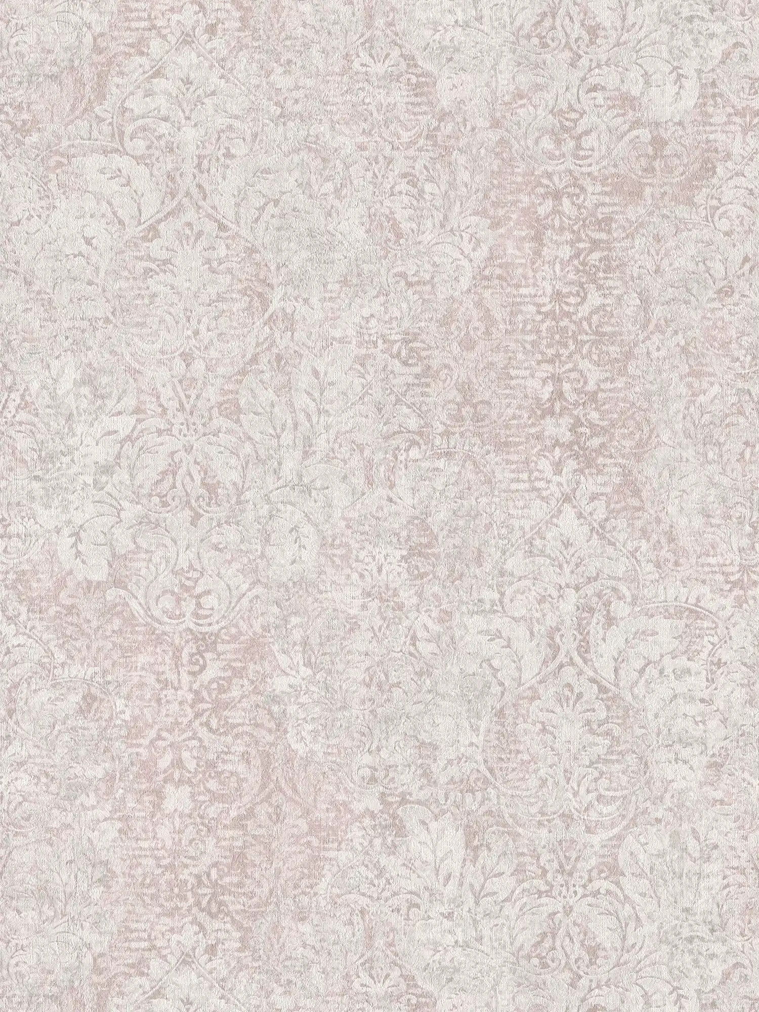 Carta da parati vintage in tessuto non tessuto rosa antico con motivi ornamentali - crema
