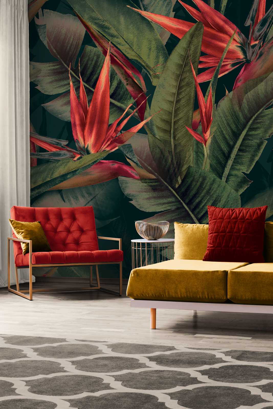             Jungle mural green with red bird of paradise flowers
        