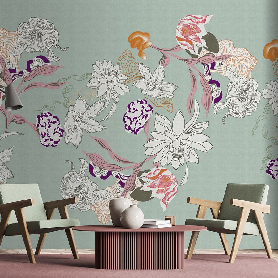 papier peint en papier panoramique »botany 1« - motifs floraux abstraits aux accents orangés sur fond de structure lin discrète - intissé légèrement structuré
