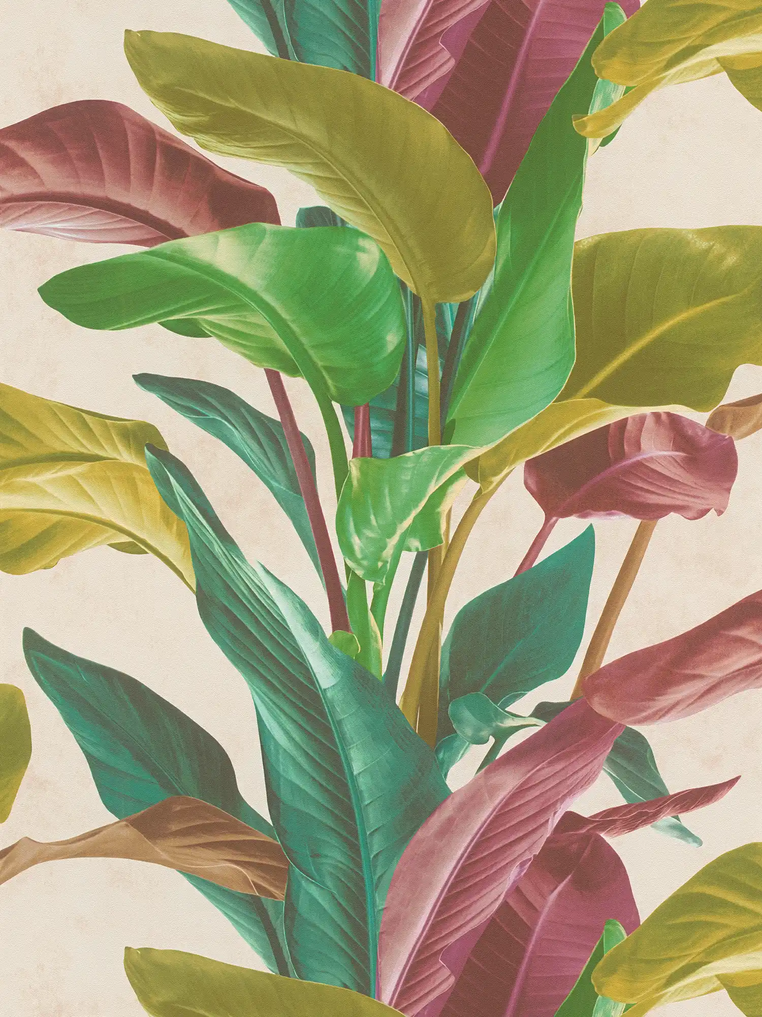 Papier peint à motif de feuilles aux couleurs vives - multicolore, crème, vert
